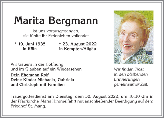 Traueranzeige von Marita Bergmann von Allgäuer Zeitung,Kempten