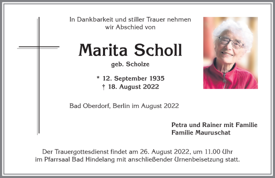 Traueranzeige von Marita Scholl von Allgäuer Anzeigeblatt