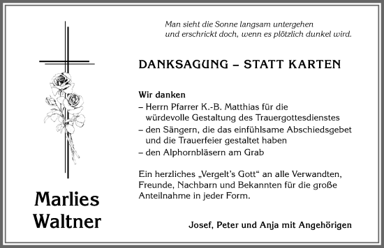 Traueranzeige von Marlies Waltner von Der Westallgäuer