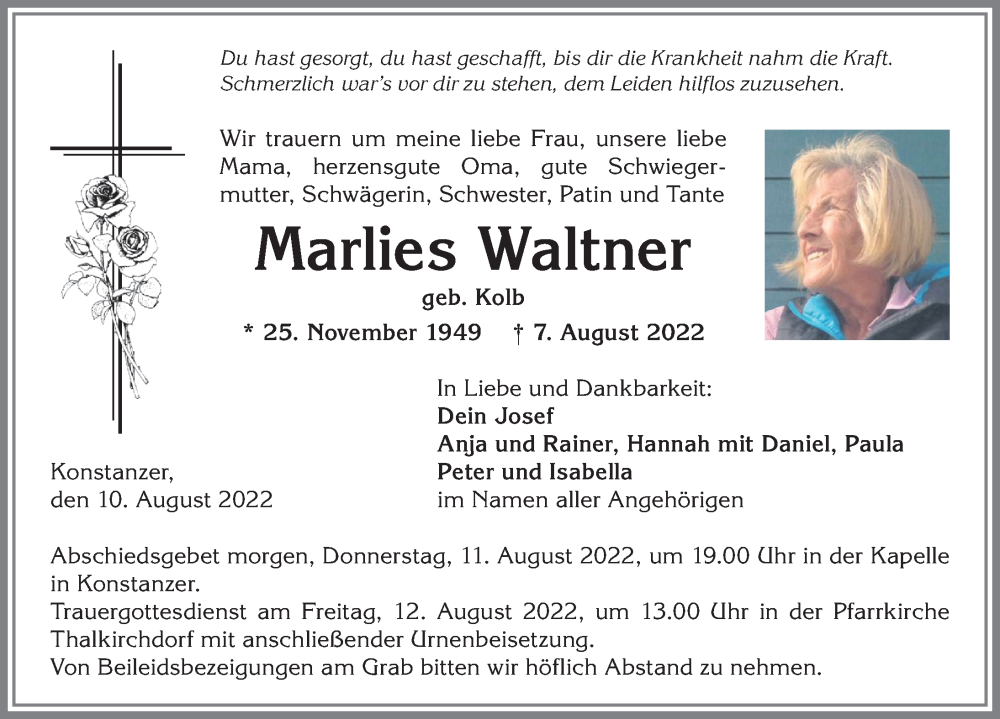  Traueranzeige für Marlies Waltner vom 10.08.2022 aus Der Westallgäuer
