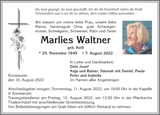 Traueranzeige von Marlies Waltner von Der Westallgäuer