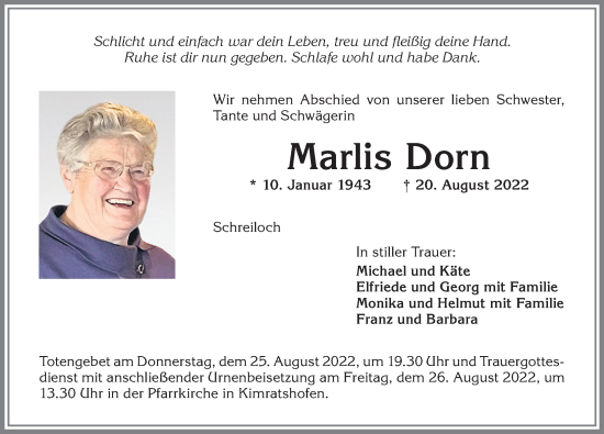 Traueranzeige von Marlis Dorn von Allgäuer Zeitung,Kempten