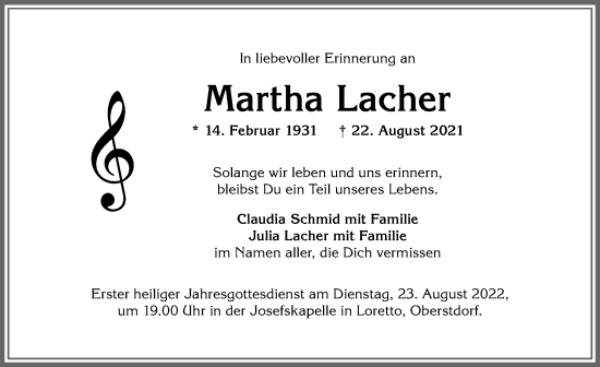 Traueranzeige von Martha Lacher von Allgäuer Anzeigeblatt