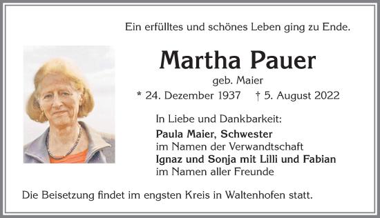 Traueranzeige von Martha Pauer von Allgäuer Zeitung,Kempten