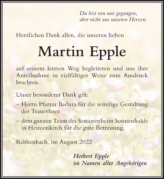 Traueranzeige von Martin Epple von Der Westallgäuer