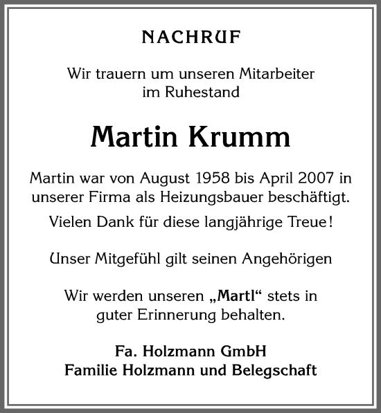 Traueranzeige von Martin Krumm von Allgäuer Zeitung, Marktoberdorf
