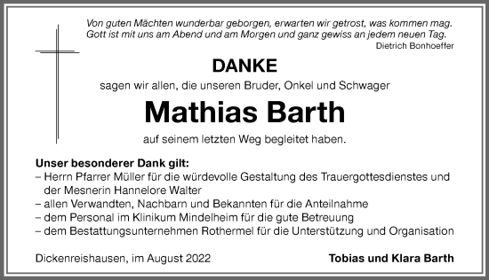 Traueranzeige von Mathias Barth von Memminger Zeitung