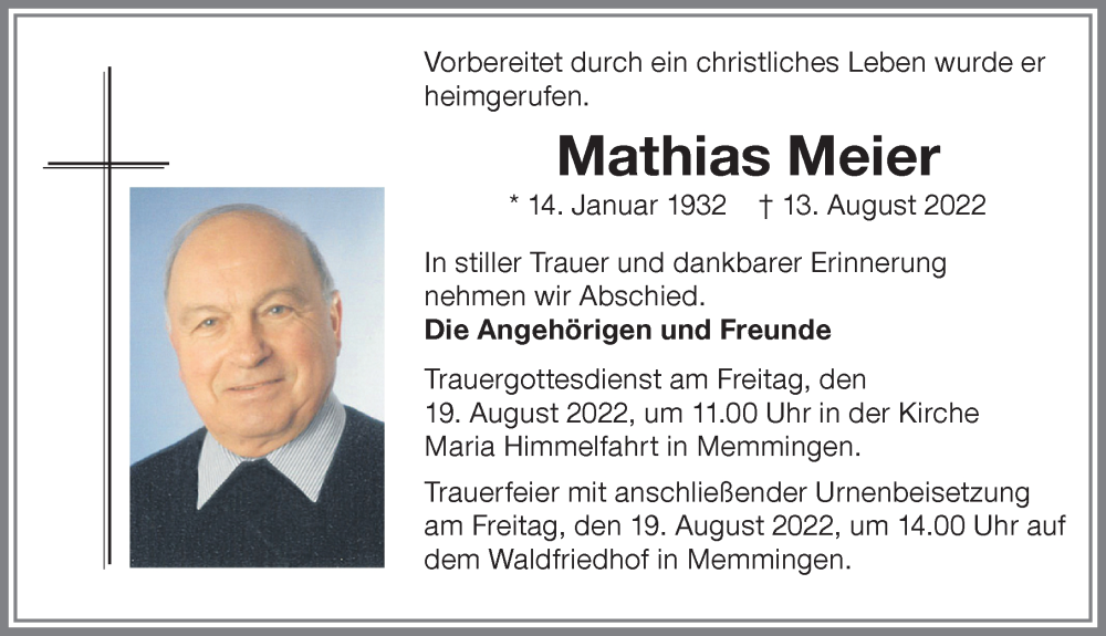  Traueranzeige für Mathias Meier vom 18.08.2022 aus Memminger Zeitung