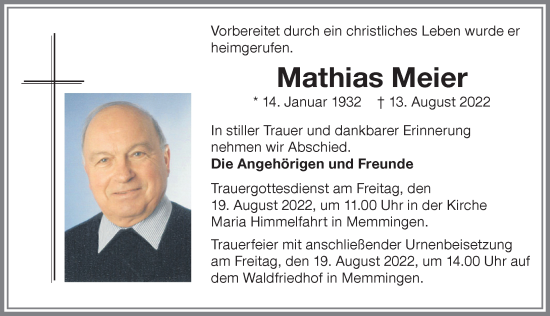Traueranzeige von Mathias Meier von Memminger Zeitung