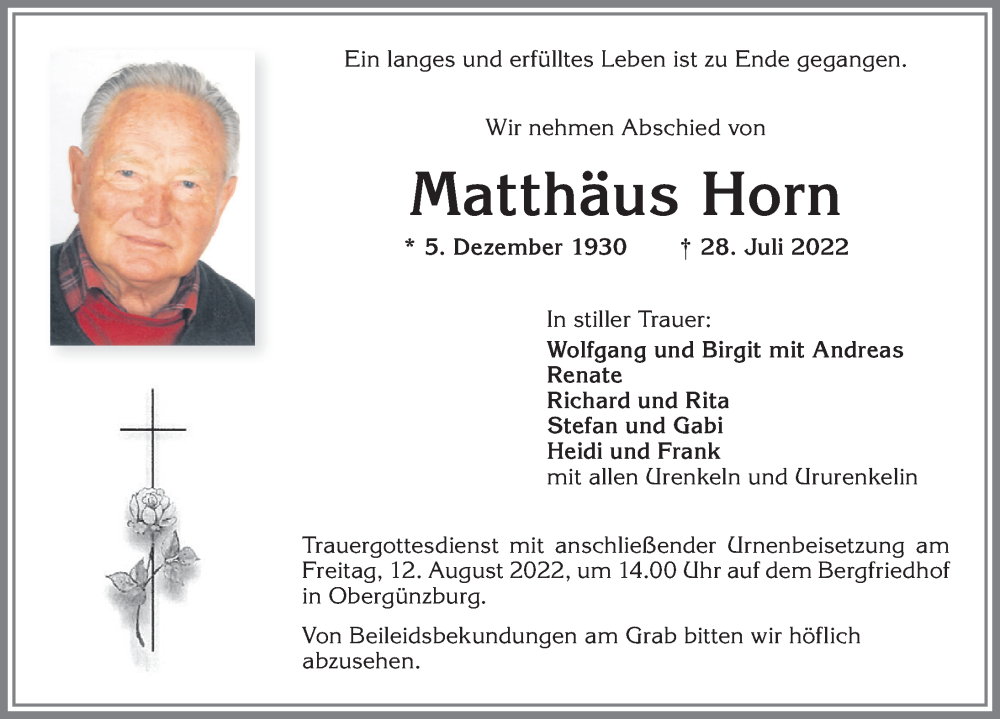  Traueranzeige für Matthäus Horn vom 09.08.2022 aus Allgäuer Zeitung, Marktoberdorf
