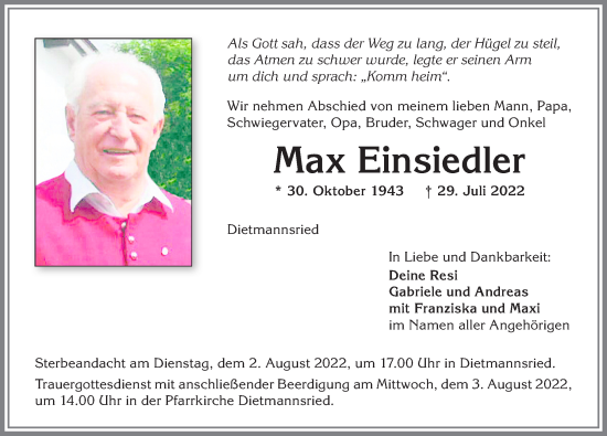 Traueranzeige von Max Einsiedler von Allgäuer Zeitung,Kempten