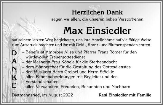 Traueranzeige von Max Einsiedler von Allgäuer Zeitung,Kempten
