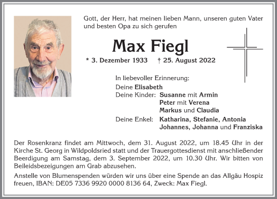 Traueranzeige von Max Fiegl von Allgäuer Zeitung,Kempten