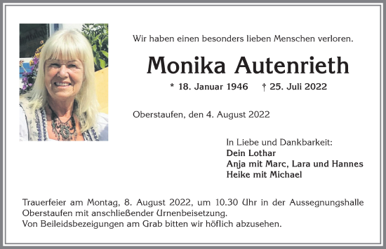 Traueranzeige von Monika Autenrieth von Allgäuer Anzeigeblatt