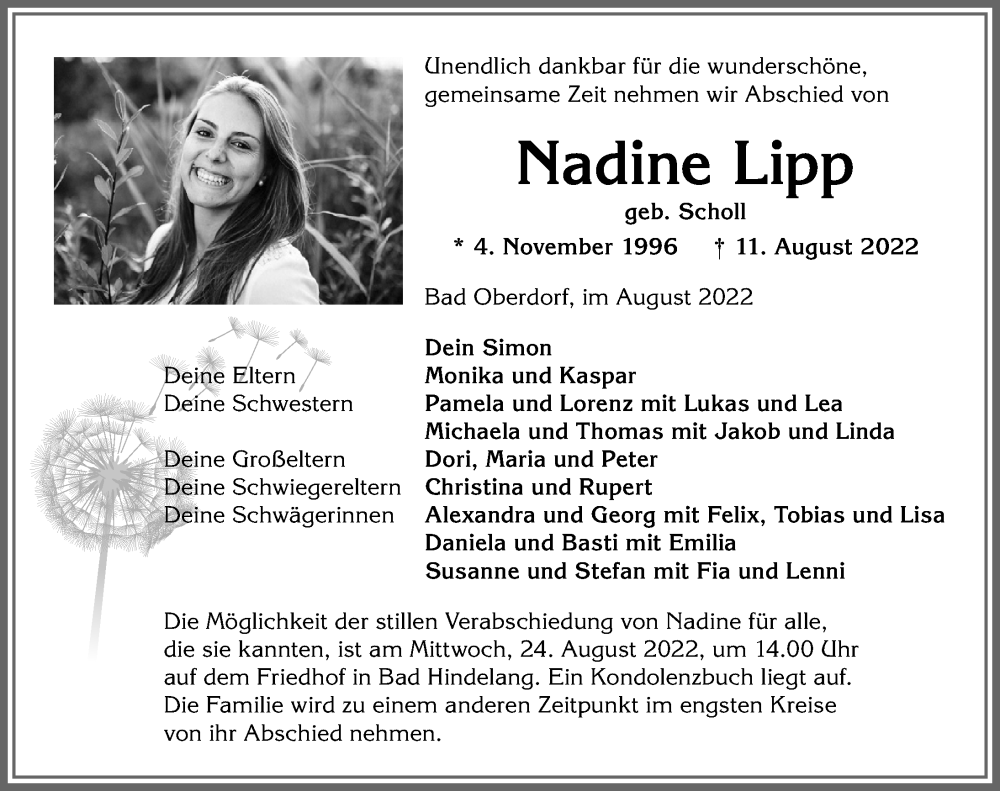  Traueranzeige für Nadine Lipp vom 20.08.2022 aus Allgäuer Anzeigeblatt