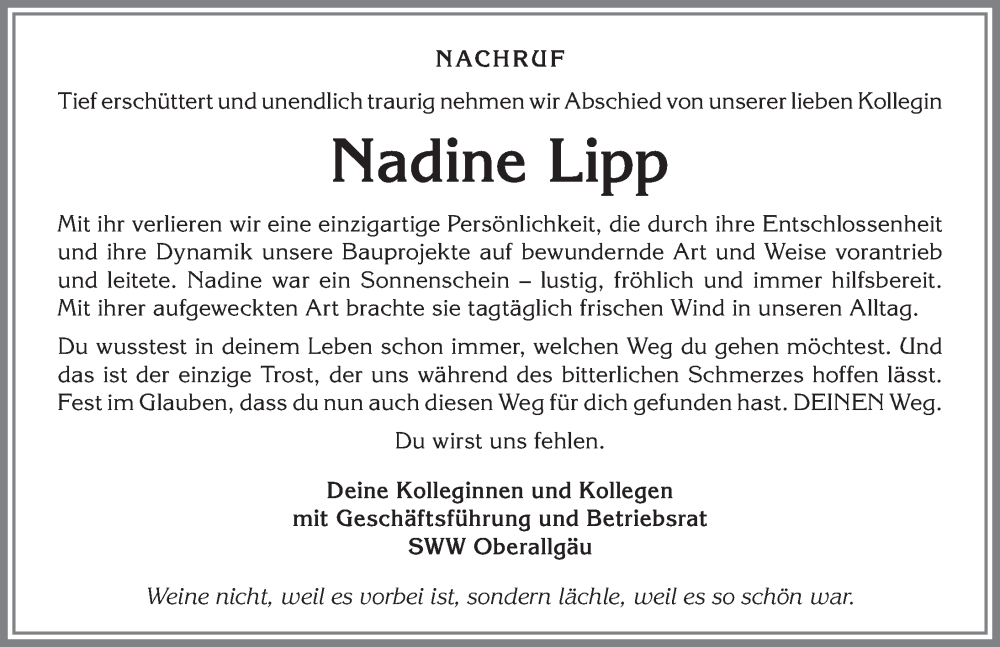  Traueranzeige für Nadine Lipp vom 20.08.2022 aus Allgäuer Anzeigeblatt