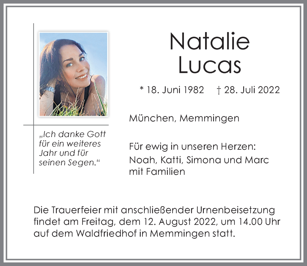  Traueranzeige für Natalie Lucas vom 09.08.2022 aus Memminger Zeitung