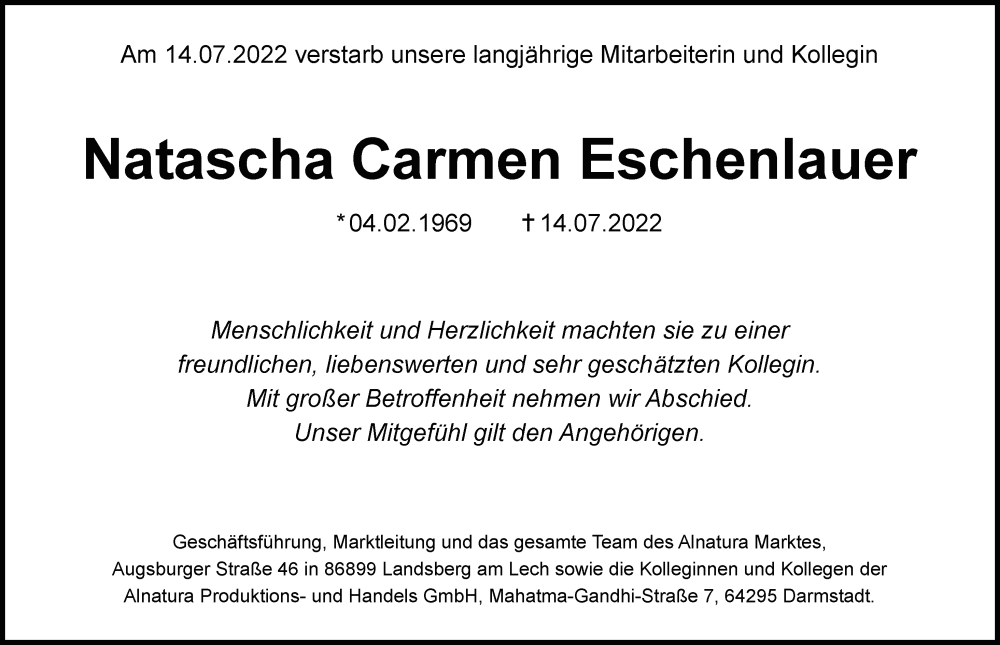  Traueranzeige für Natascha Carmen Eschenlauer vom 04.08.2022 aus Allgäuer Zeitung, Kaufbeuren/Buchloe