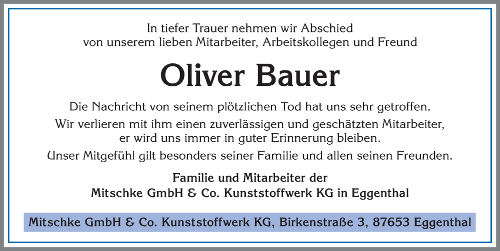  Traueranzeige für Oliver Bauer vom 13.08.2022 aus Allgäuer Zeitung, Kaufbeuren/Buchloe