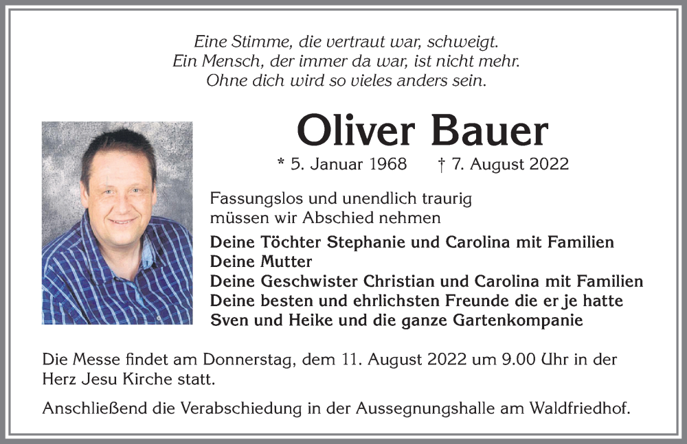  Traueranzeige für Oliver Bauer vom 10.08.2022 aus Allgäuer Zeitung, Kaufbeuren/Buchloe