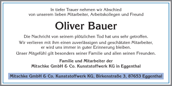 Traueranzeige von Oliver Bauer von Allgäuer Zeitung, Kaufbeuren/Buchloe