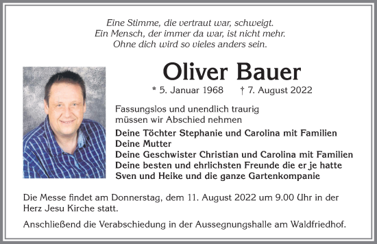 Traueranzeige von Oliver Bauer von Allgäuer Zeitung, Kaufbeuren/Buchloe