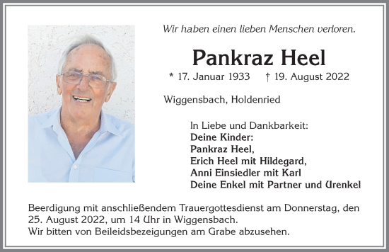 Traueranzeige von Pankraz Heel von Allgäuer Zeitung,Kempten