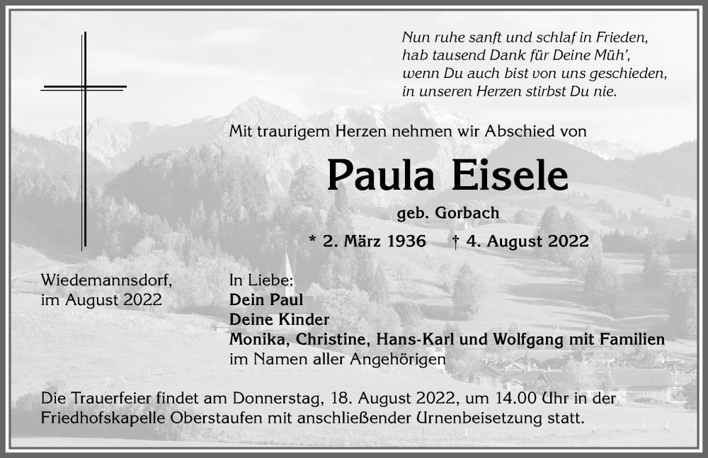  Traueranzeige für Paula Eisele vom 13.08.2022 aus Allgäuer Anzeigeblatt