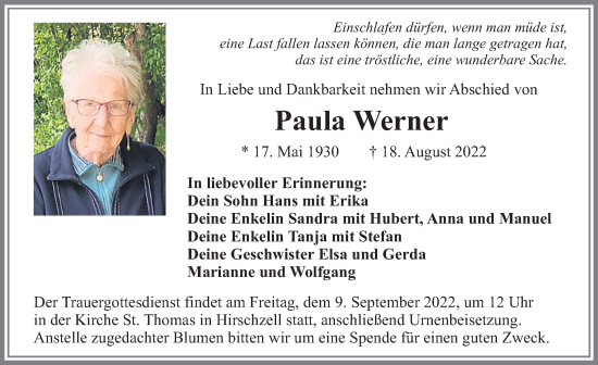 Traueranzeige von Paula Werner von Allgäuer Zeitung, Kaufbeuren/Buchloe