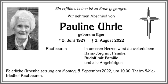 Traueranzeige von Pauline Uhrle von Allgäuer Zeitung, Kaufbeuren/Buchloe