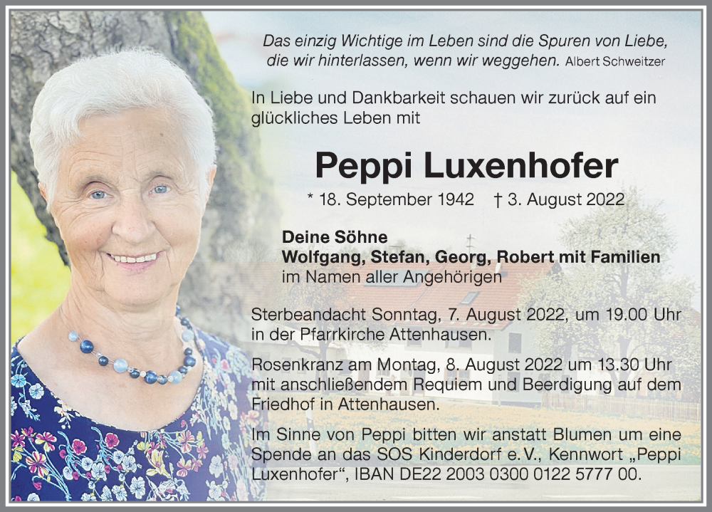  Traueranzeige für Peppi Luxenhofer vom 06.08.2022 aus Memminger Zeitung