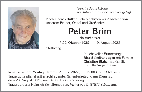 Traueranzeige von Peter Brim von Allgäuer Zeitung, Kaufbeuren/Buchloe