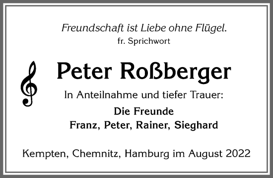 Traueranzeige von Peter Roßberger von Allgäuer Zeitung,Kempten