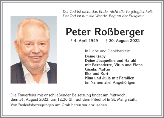 Traueranzeige von Peter Roßberger von Allgäuer Zeitung,Kempten