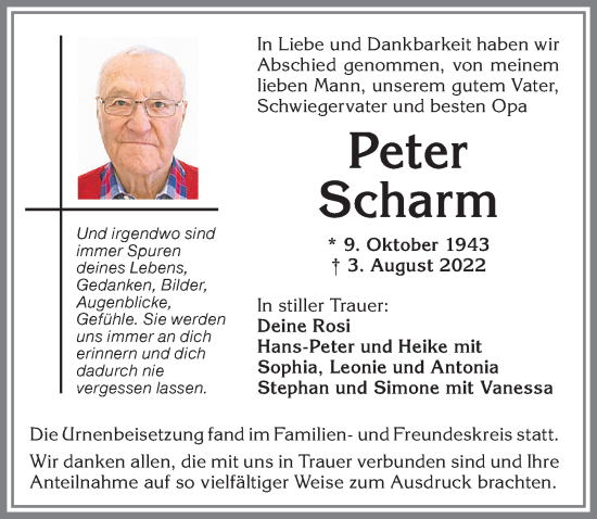 Traueranzeige von Peter Scharm von Allgäuer Zeitung,Kempten