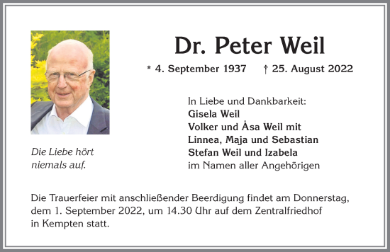 Traueranzeige von Peter Weil von Allgäuer Zeitung,Kempten