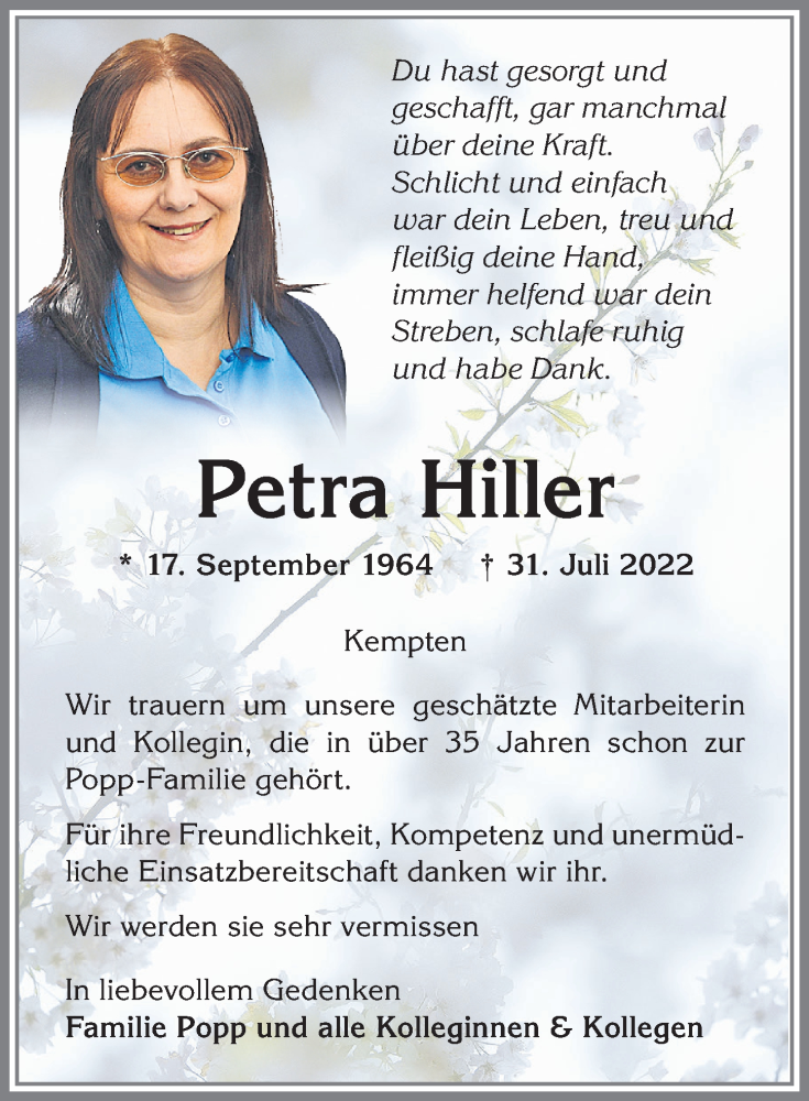  Traueranzeige für Petra Hiller vom 05.08.2022 aus Allgäuer Zeitung, Füssen