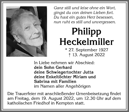Traueranzeige von Philipp Heckelmiller von Allgäuer Zeitung,Kempten