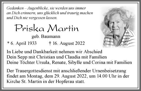 Traueranzeige von Priska Martin von Allgäuer Zeitung, Füssen