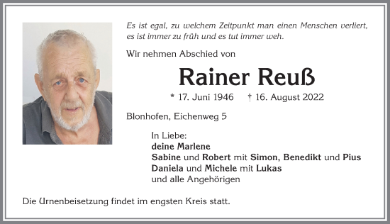 Traueranzeige von Rainer Reuß von Allgäuer Zeitung, Kaufbeuren/Buchloe