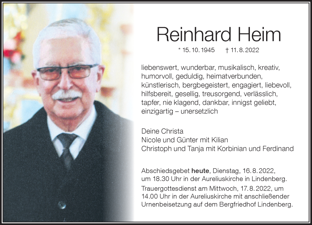  Traueranzeige für Reinhard Heim vom 16.08.2022 aus Der Westallgäuer