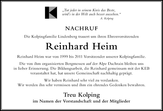Traueranzeige von Reinhard Heim von Der Westallgäuer