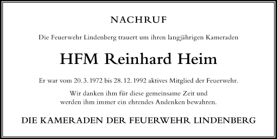 Traueranzeige von Reinhard Heim von Der Westallgäuer