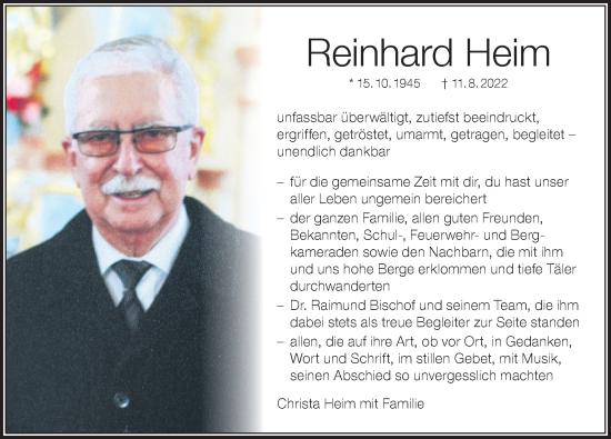 Traueranzeige von Reinhard Heim von Der Westallgäuer