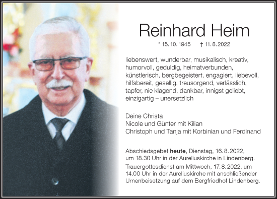 Traueranzeige von Reinhard Heim von Der Westallgäuer