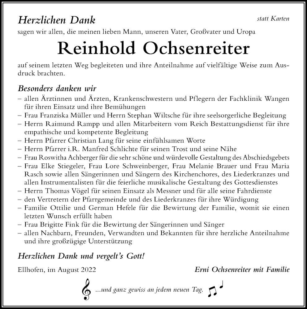  Traueranzeige für Reinhold Ochsenreiter vom 29.08.2022 aus Der Westallgäuer