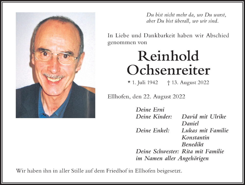  Traueranzeige für Reinhold Ochsenreiter vom 22.08.2022 aus Der Westallgäuer