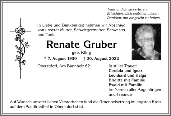 Traueranzeige von Renate Gruber von Allgäuer Anzeigeblatt