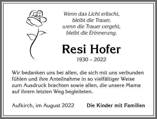 Traueranzeige von Resi Hofer von Allgäuer Zeitung, Kaufbeuren/Buchloe