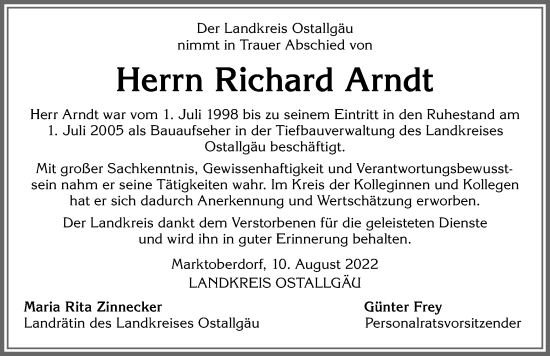 Traueranzeige von Richard Arndt von Allgäuer Zeitung, Marktoberdorf